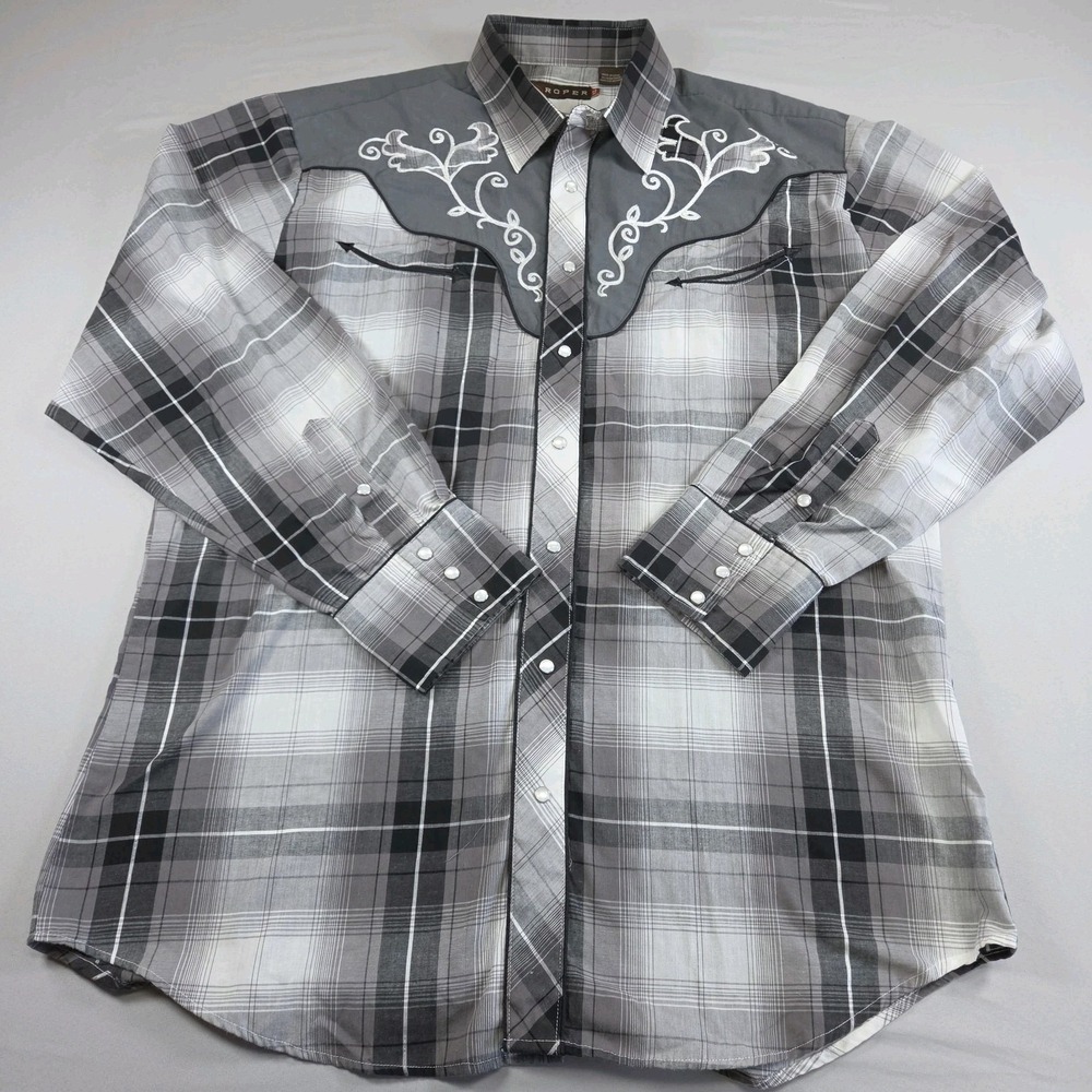 Roper Shirt Mens XL Gray Plaid Pearl Snap Smile Pocket Embroidered Western Rodeo